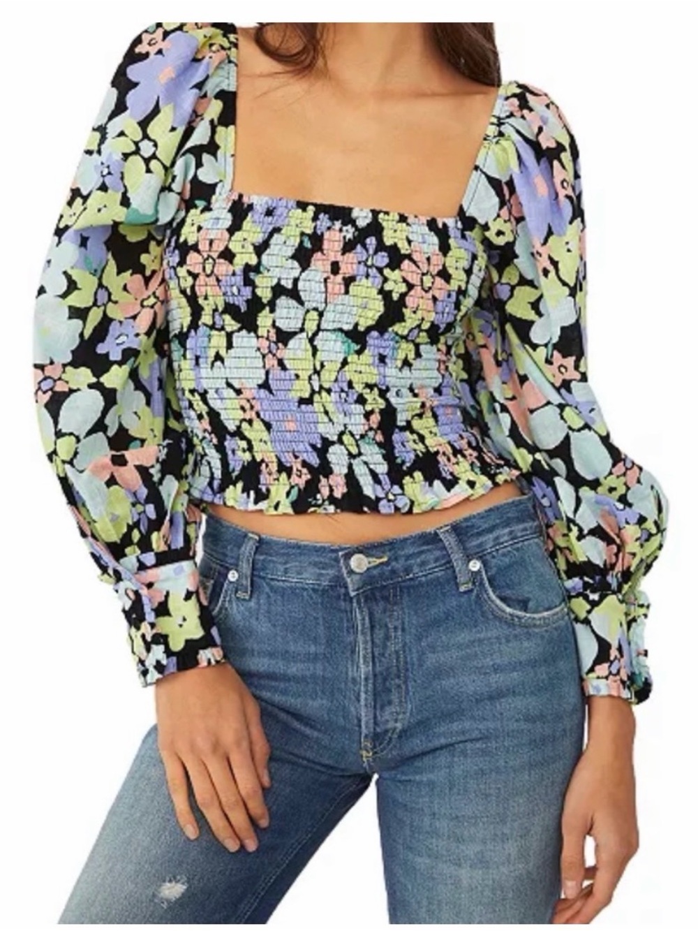 Free people Ariana Black Floral Smocked Square-Neck Puff Sleeve Top